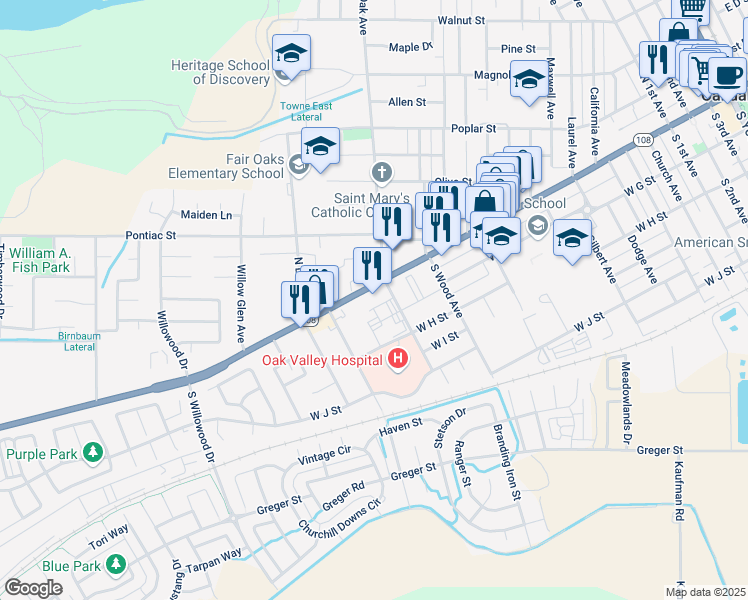 map of restaurants, bars, coffee shops, grocery stores, and more near 1405 West F Street in Oakdale