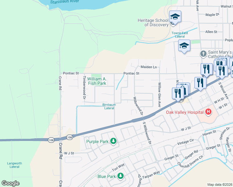 map of restaurants, bars, coffee shops, grocery stores, and more near 2305 Semillion Court in Oakdale