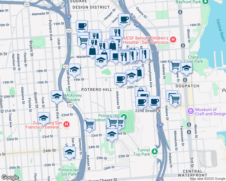 map of restaurants, bars, coffee shops, grocery stores, and more near in San Francisco