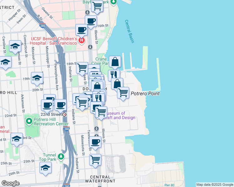 map of restaurants, bars, coffee shops, grocery stores, and more near 555 20th Street in San Francisco