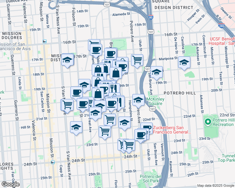 map of restaurants, bars, coffee shops, grocery stores, and more near 2125 Bryant Street in San Francisco