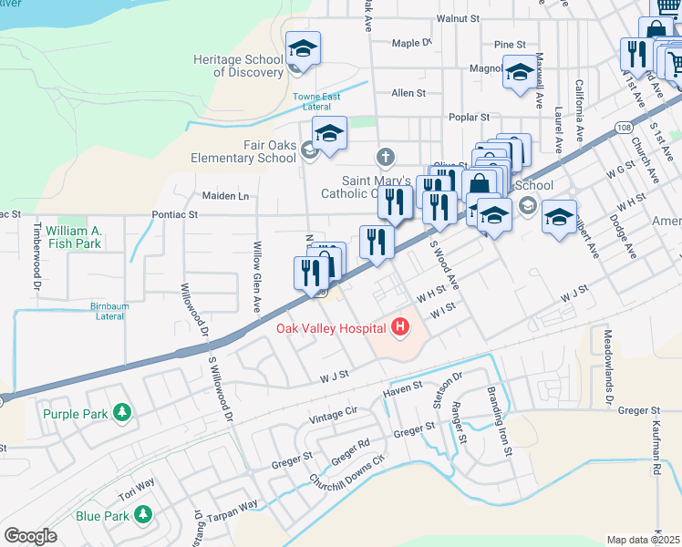 map of restaurants, bars, coffee shops, grocery stores, and more near 1480 West F Street in Oakdale