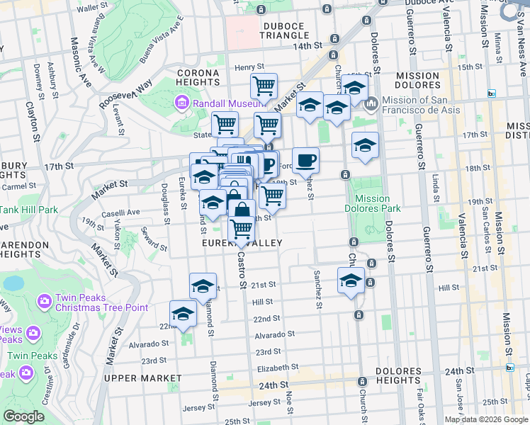 map of restaurants, bars, coffee shops, grocery stores, and more near 153 Hartford Street in San Francisco
