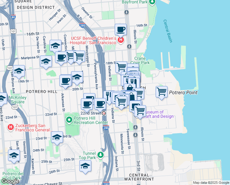 map of restaurants, bars, coffee shops, grocery stores, and more near 875 Indiana Street in San Francisco