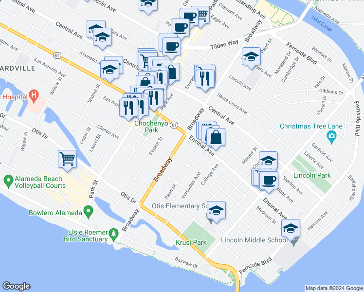 map of restaurants, bars, coffee shops, grocery stores, and more near 1226 Broadway in Alameda