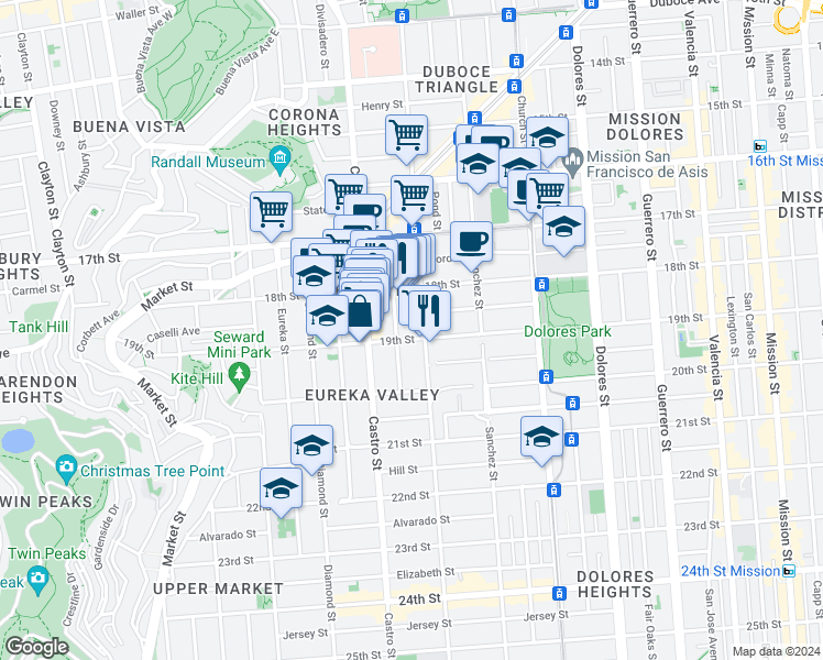 map of restaurants, bars, coffee shops, grocery stores, and more near 153 Hartford Street in San Francisco