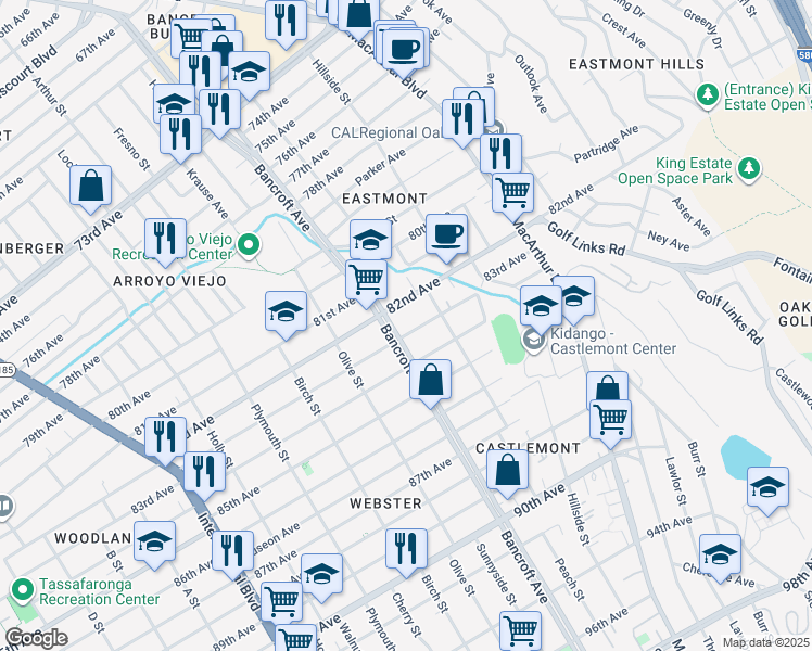 map of restaurants, bars, coffee shops, grocery stores, and more near 2244 83rd Avenue in Oakland