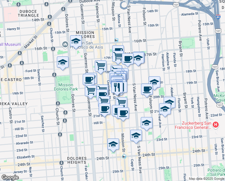 map of restaurants, bars, coffee shops, grocery stores, and more near 2344 Mission Street in San Francisco