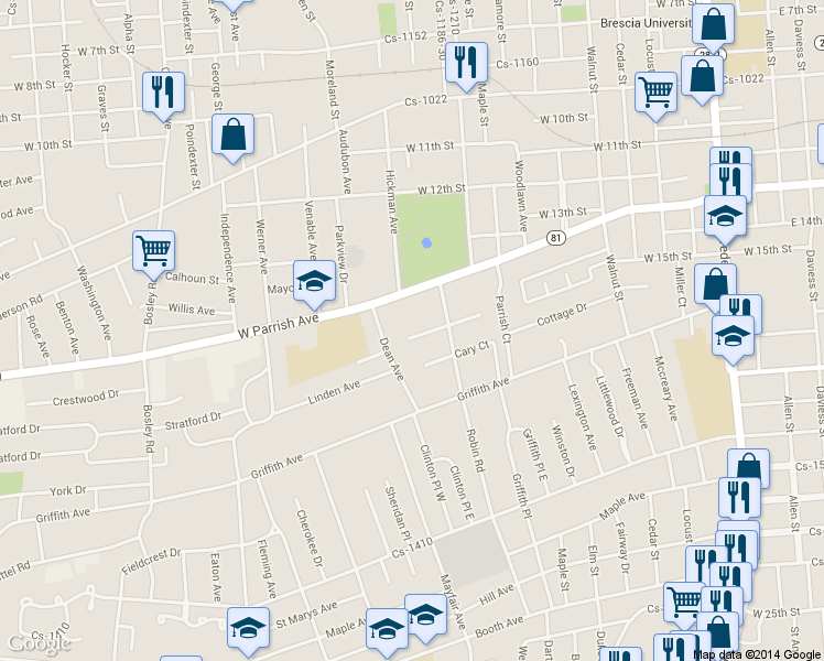 map of restaurants, bars, coffee shops, grocery stores, and more near 1337 West 15th Street in Owensboro