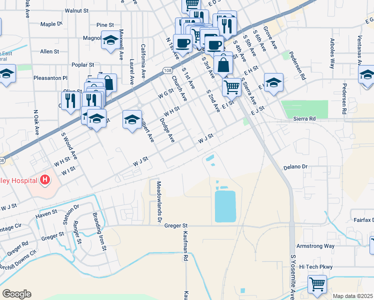 map of restaurants, bars, coffee shops, grocery stores, and more near 329 Birdwell Street in Oakdale