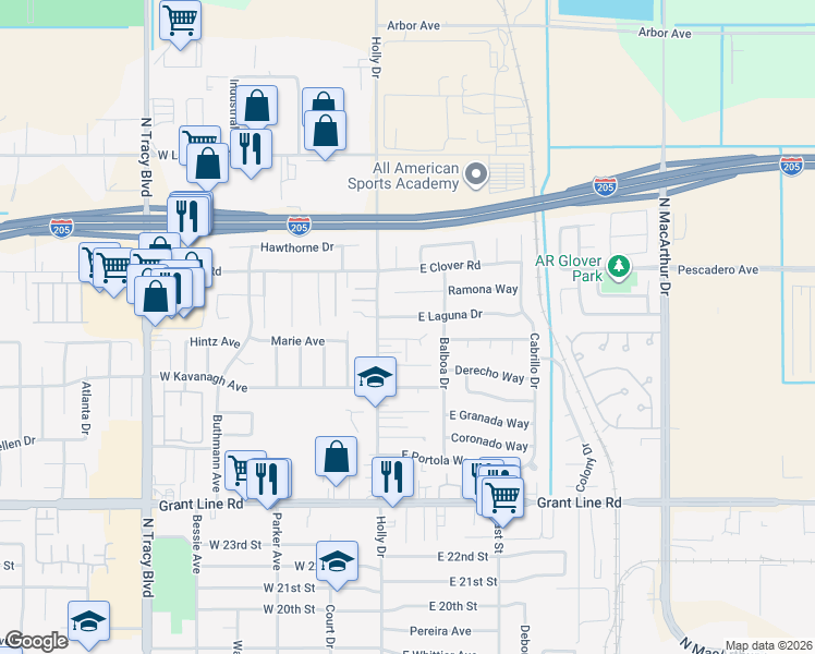 map of restaurants, bars, coffee shops, grocery stores, and more near 115 Finale Way in Tracy