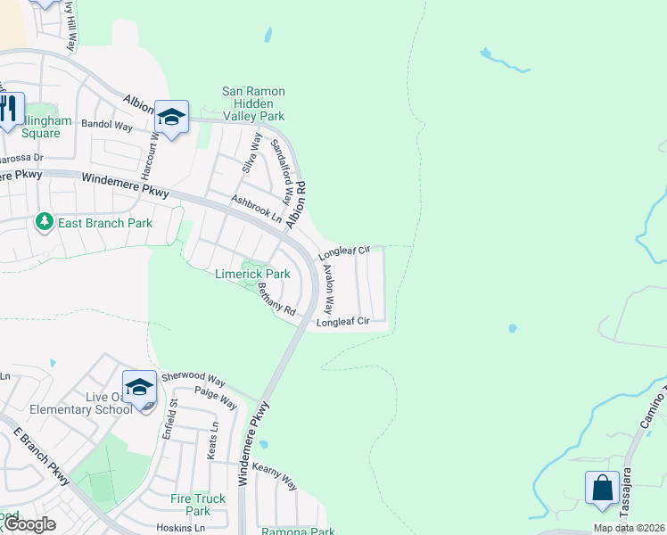 map of restaurants, bars, coffee shops, grocery stores, and more near 2368 Avalon Way in San Ramon