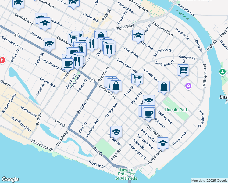 map of restaurants, bars, coffee shops, grocery stores, and more near 1312 Versailles Avenue in Alameda