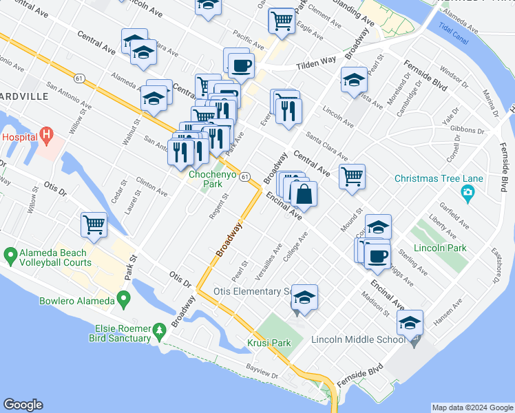 map of restaurants, bars, coffee shops, grocery stores, and more near 1226 Broadway in Alameda