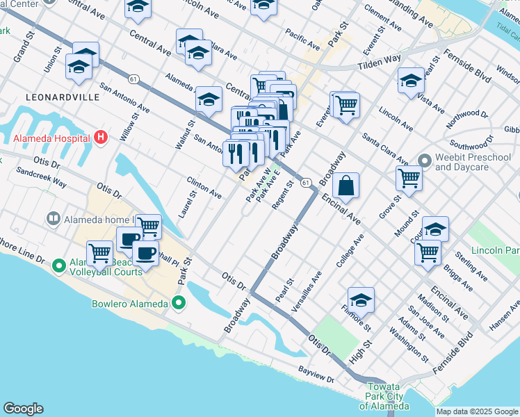 map of restaurants, bars, coffee shops, grocery stores, and more near 1181 Regent Street in Alameda