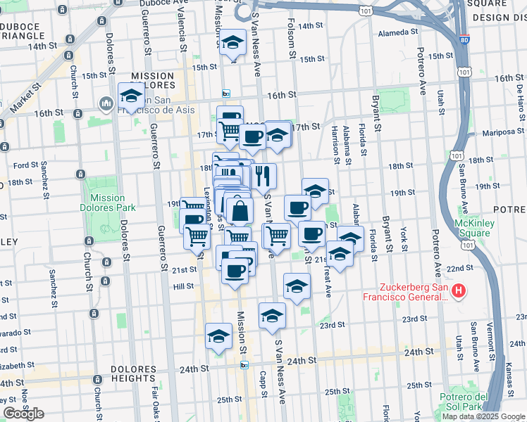 map of restaurants, bars, coffee shops, grocery stores, and more near 850 South Van Ness Avenue in San Francisco