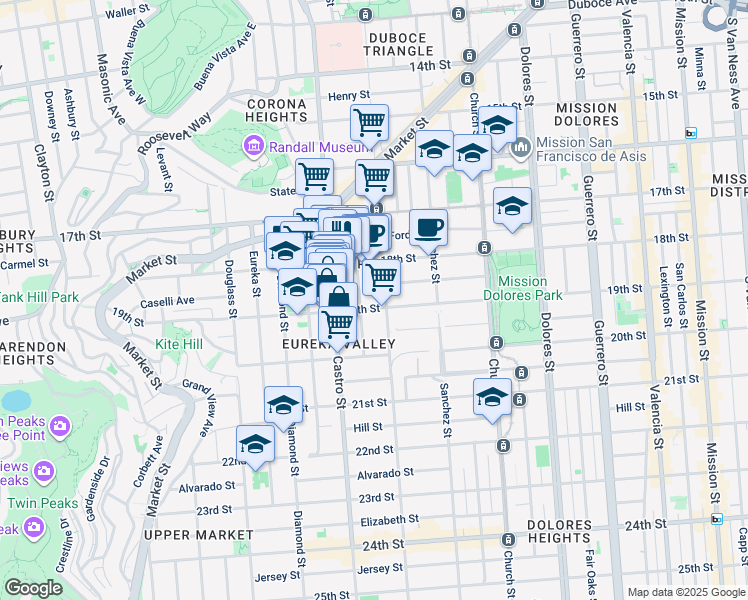 map of restaurants, bars, coffee shops, grocery stores, and more near 153 Hartford Street in San Francisco