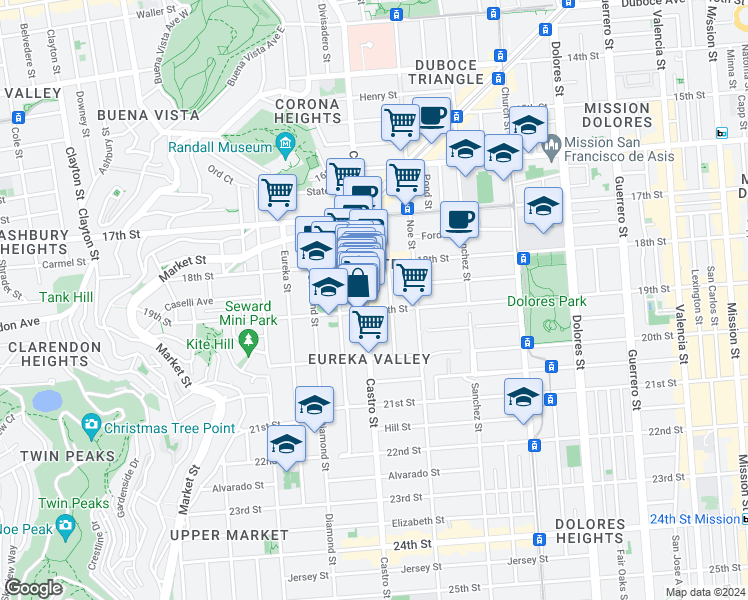 map of restaurants, bars, coffee shops, grocery stores, and more near 595 Castro Street in San Francisco
