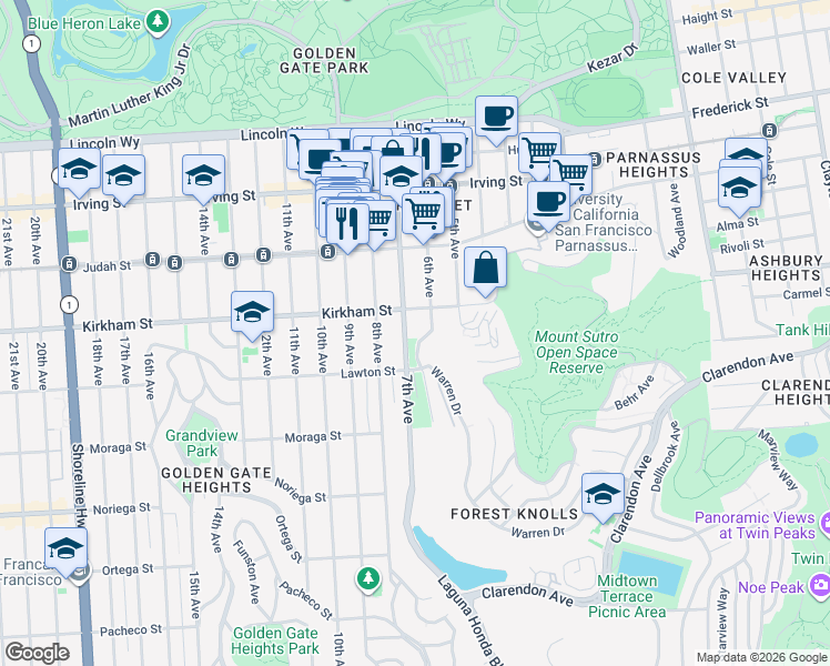 map of restaurants, bars, coffee shops, grocery stores, and more near 9 Locksley Avenue in San Francisco