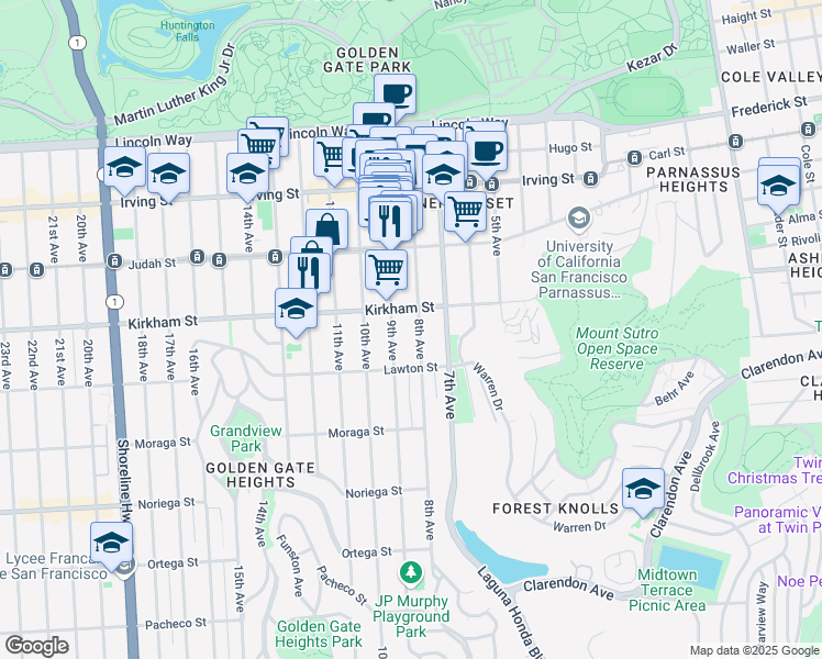 map of restaurants, bars, coffee shops, grocery stores, and more near 1538 9th Avenue in San Francisco