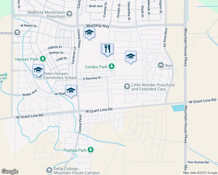 map of restaurants, bars, coffee shops, grocery stores, and more near 205 East Phelps Drive in Tracy