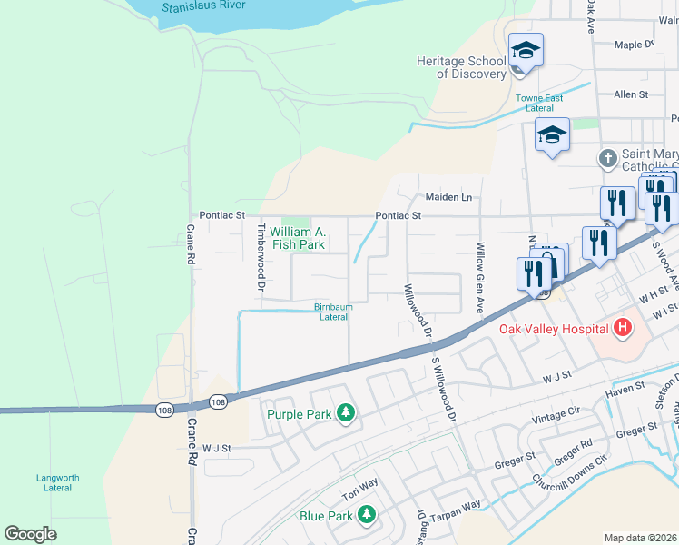 map of restaurants, bars, coffee shops, grocery stores, and more near 2316 Semillion Court in Oakdale