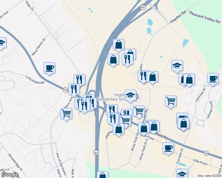 map of restaurants, bars, coffee shops, grocery stores, and more near 2601 Wimsatt Court in Owensboro
