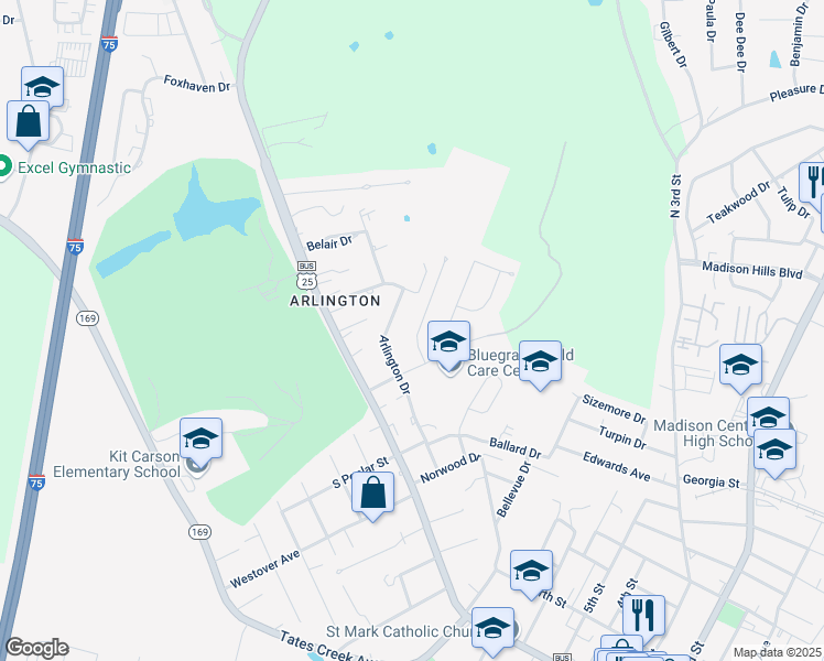 map of restaurants, bars, coffee shops, grocery stores, and more near 1406 Fairlane Drive in Richmond