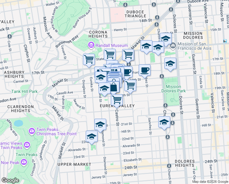 map of restaurants, bars, coffee shops, grocery stores, and more near 595 Castro Street in San Francisco