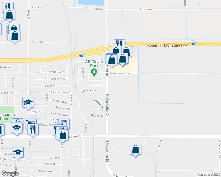 map of restaurants, bars, coffee shops, grocery stores, and more near 22 North MacArthur Drive in Tracy