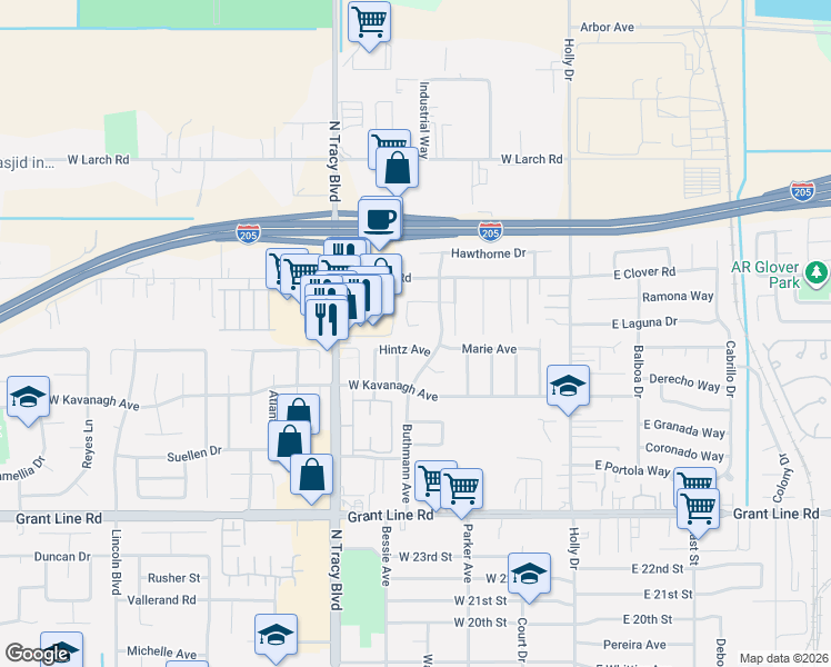 map of restaurants, bars, coffee shops, grocery stores, and more near 491 Hintz Avenue in Tracy
