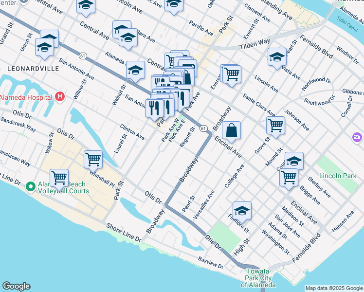 map of restaurants, bars, coffee shops, grocery stores, and more near San Jose Avenue & Regent Street in Alameda