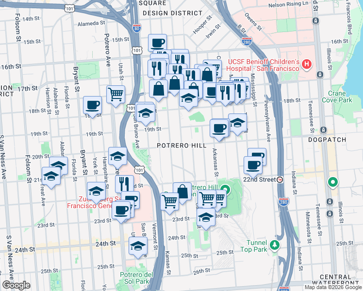 map of restaurants, bars, coffee shops, grocery stores, and more near 20th St & De Haro St in San Francisco