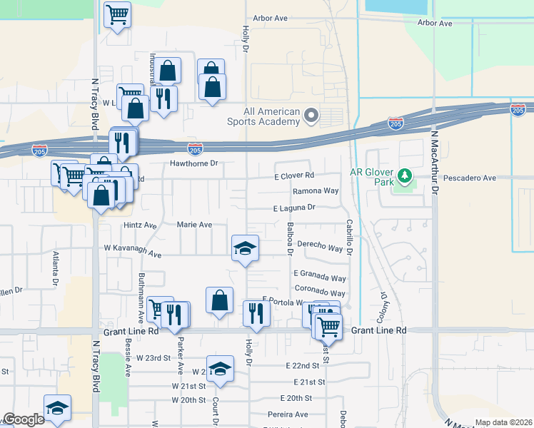 map of restaurants, bars, coffee shops, grocery stores, and more near 115 Finale Way in Tracy