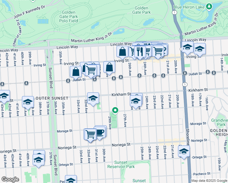 map of restaurants, bars, coffee shops, grocery stores, and more near 2424 Kirkham Street in San Francisco