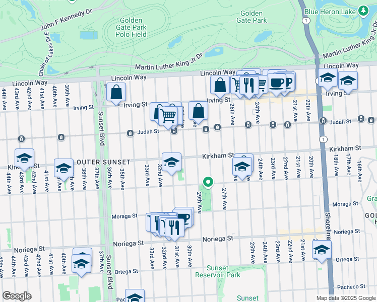 map of restaurants, bars, coffee shops, grocery stores, and more near 1494 30th Avenue in San Francisco