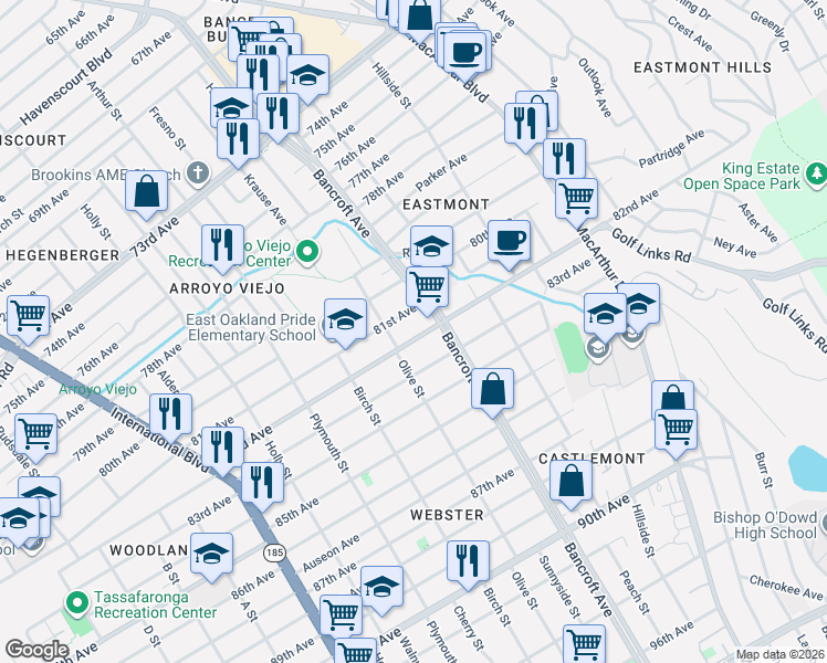 map of restaurants, bars, coffee shops, grocery stores, and more near 2011 82nd Avenue in Oakland