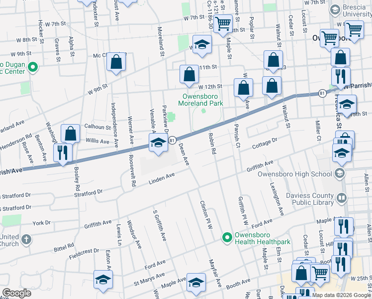 map of restaurants, bars, coffee shops, grocery stores, and more near 1512 Dean Ave in Owensboro