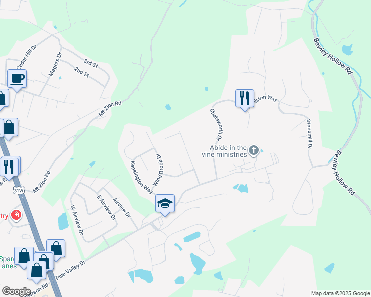 map of restaurants, bars, coffee shops, grocery stores, and more near 2522 Shadow Creek Lane in Elizabethtown