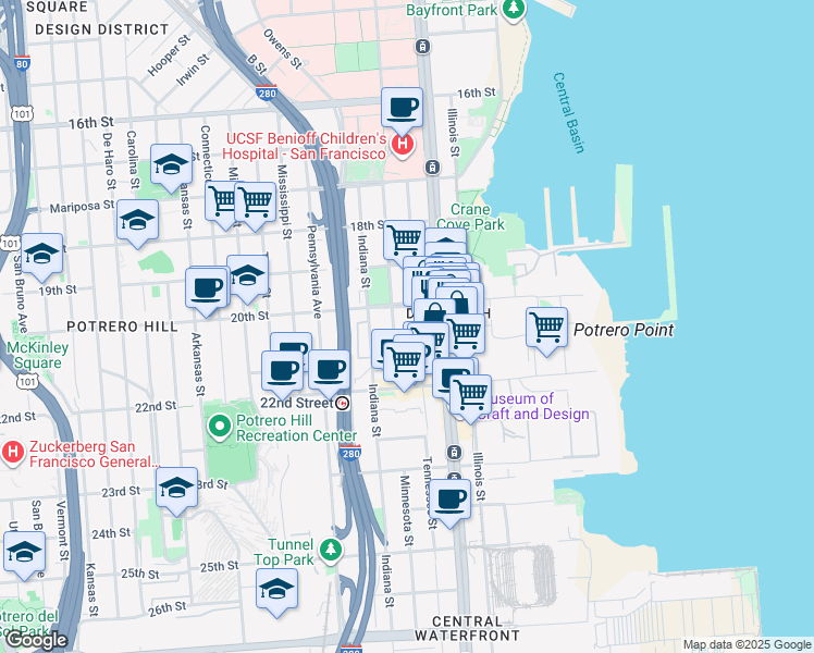 map of restaurants, bars, coffee shops, grocery stores, and more near 950 Tennessee Street in San Francisco