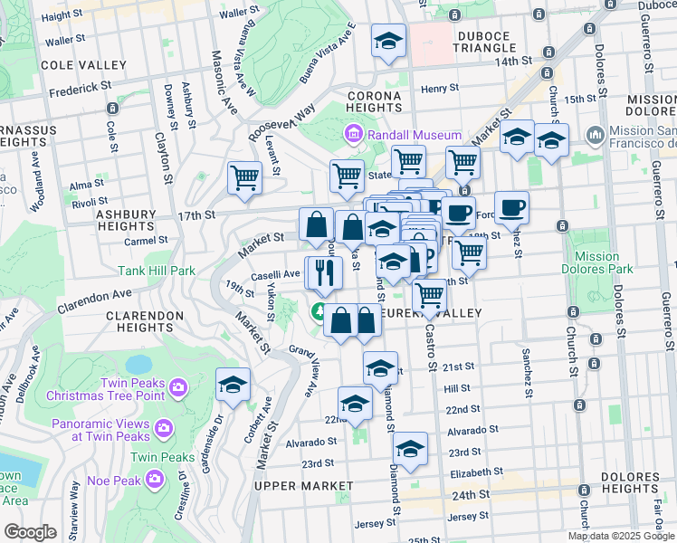 map of restaurants, bars, coffee shops, grocery stores, and more near 229 Douglass Street in San Francisco