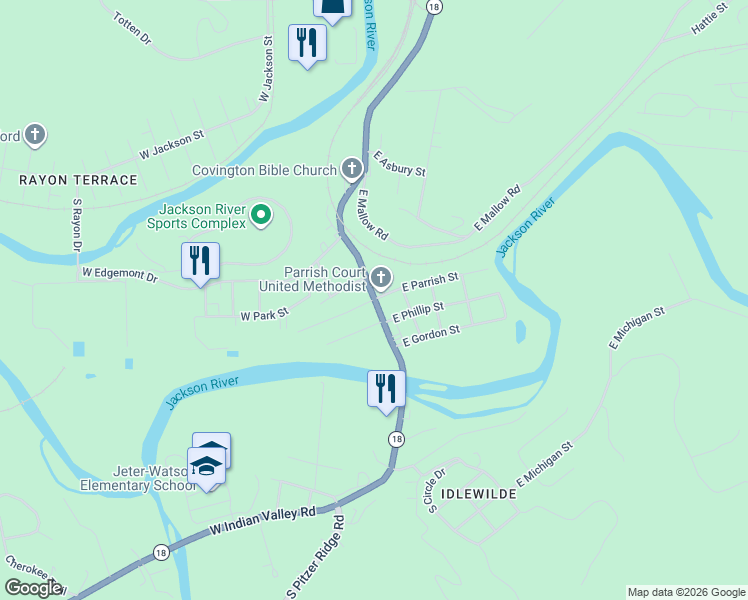 map of restaurants, bars, coffee shops, grocery stores, and more near 113 West Parrish Street in Covington