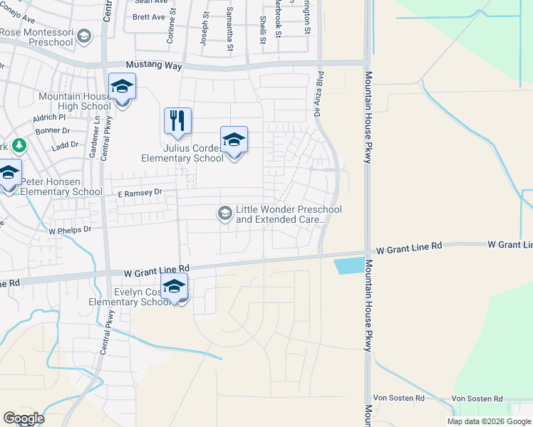 map of restaurants, bars, coffee shops, grocery stores, and more near 1430 Sauvignon Street in Mountain House