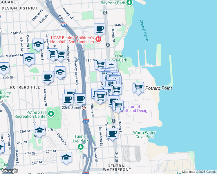 map of restaurants, bars, coffee shops, grocery stores, and more near 909 Tennessee Street in San Francisco