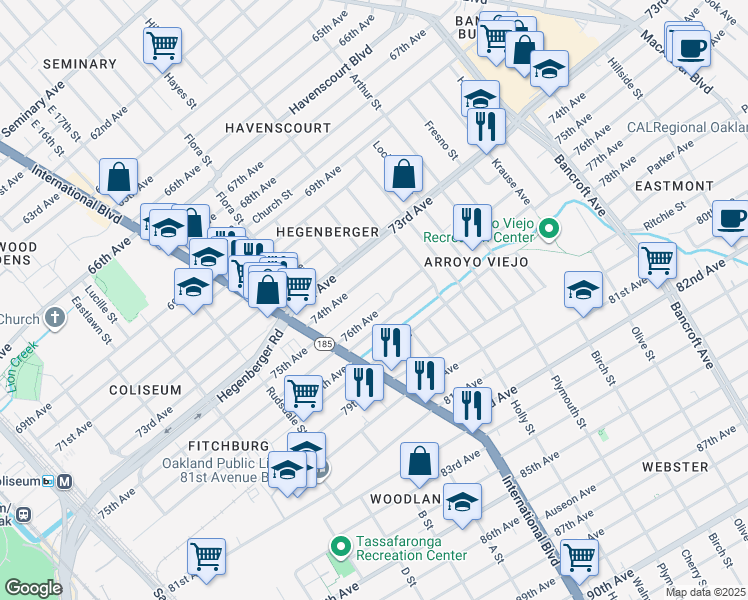 map of restaurants, bars, coffee shops, grocery stores, and more near 1630 Sunshine Court in Oakland