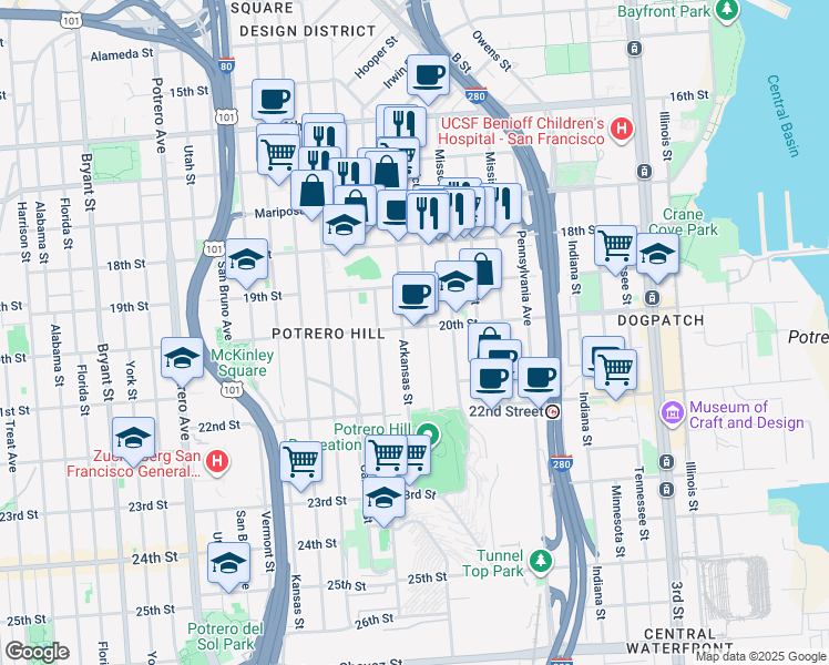 map of restaurants, bars, coffee shops, grocery stores, and more near 1627 20th Street in San Francisco