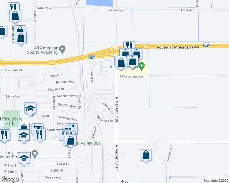 map of restaurants, bars, coffee shops, grocery stores, and more near 22 North MacArthur Drive in Tracy