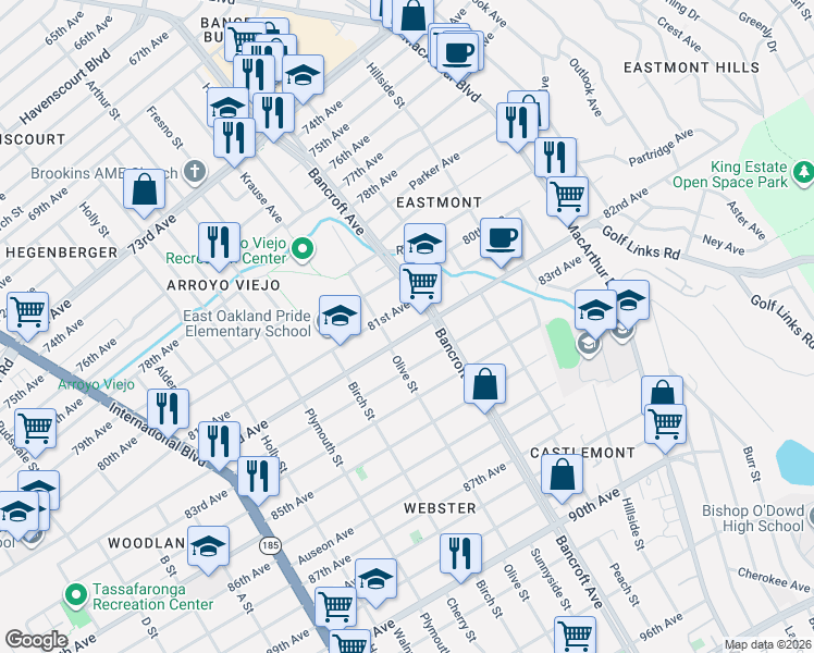map of restaurants, bars, coffee shops, grocery stores, and more near 2011 82nd Avenue in Oakland