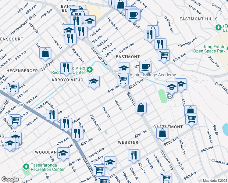 map of restaurants, bars, coffee shops, grocery stores, and more near 2011 82nd Avenue in Oakland