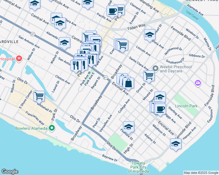 map of restaurants, bars, coffee shops, grocery stores, and more near 1226 Broadway in Alameda